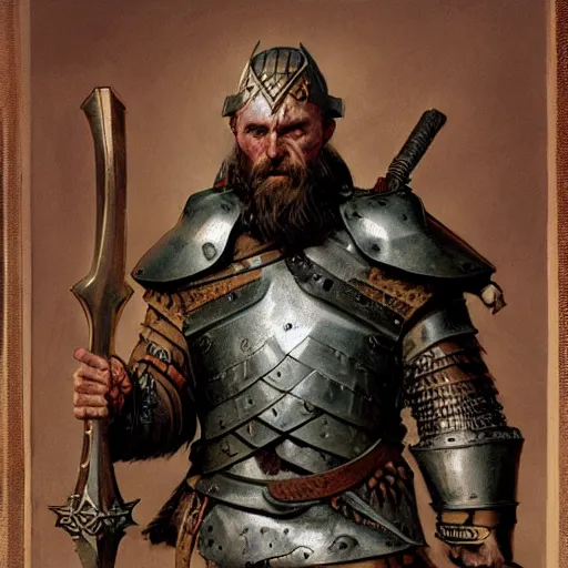 Image similar to rough-skinned, short-bearded undead Viking warrior with ice-pale skin wearing brutalist plate armor with art deco knotwork, by Greg Rutkowski, Brom, and Alphonse Mucha