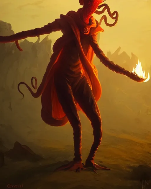 Prompt: tentacled [ [ squidward ] ] wearing fire nation clothing and practicing firebending outside at susnset, [ greg rutkowski ]