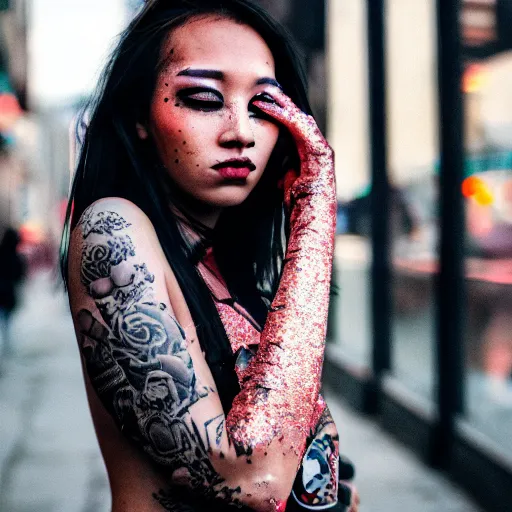 Image similar to Cinestill 50d candid photography of a city on fire, a techwear mixed woman wearing thick mascara and dark glitter makeup crying outside of a city on fire, tattoos, long shot, wide shot, full shot, blurry, 4k, 8k, hd, full color