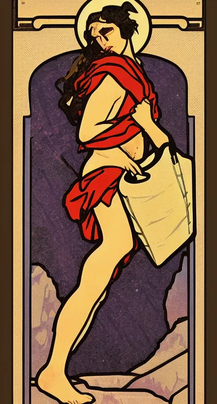 Image similar to a tarot card that depicts a person carrying a hobo sack walking off a cliff, illustrated in an art deco style by tamara de lempika and an elegant border by alphonse mucha. | studio lighting | digital painting, stunning lighting, trending on artstation