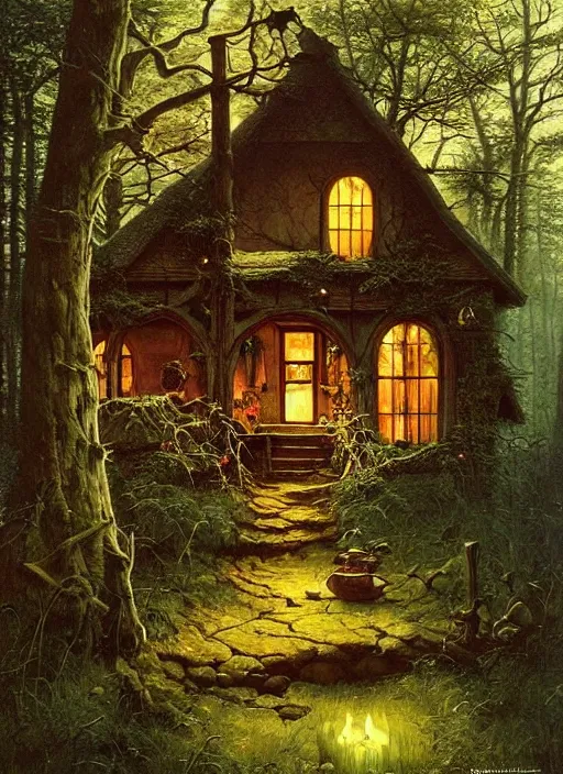 Image similar to hyper realistic homely witch cottage rococo in the woods gorgeous lighting, highly detailed, lush forest painting by norman rockwell, james gurney zdzisław beksinski and norman rockwell and greg rutkowskiweta studio