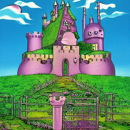 Prompt: anthropomorphic fantasy castle, a castle laughing, organic, bubbly towers and gates, eyes and tongue, surreal, cute artwork by studio ghibli, jim woodring