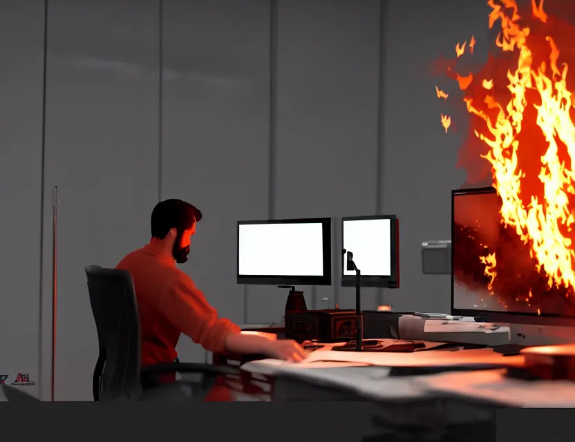 Image similar to a man works at a workstation in a very big office with burning fires, close up, featured in artstation, intricate, ultra detailed, unreal engine, concept art, wide - angle lens, sharp focus, illustration, 8 k