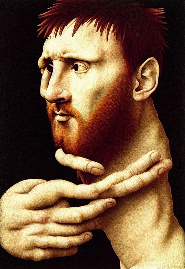 Image similar to “Lionel Messi with his face covered by a cropped out image of a renaissance painting by Michelangelo, art by Clvartspace, full body, photorealistic, grainy, cinematic, album cover aesthetic”