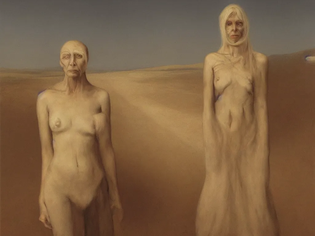 Prompt: Portrait of an alien woman living in aurora deserted dried riverbed. Painting by Odd Nerdrum