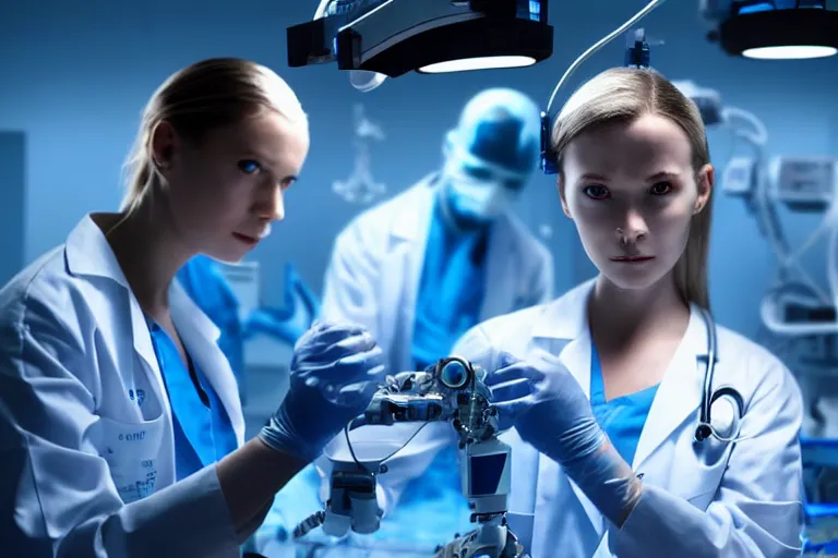 Prompt: promotional image from a sci - fi movie, a cyborg girl on the operation table in a dark dystopian lab, soft blue light, a cyborg surgeon robot, medical equipment, 8 k, cinematic, very detailed face, movie still frame, promotional image, imax 7 0 mm footage