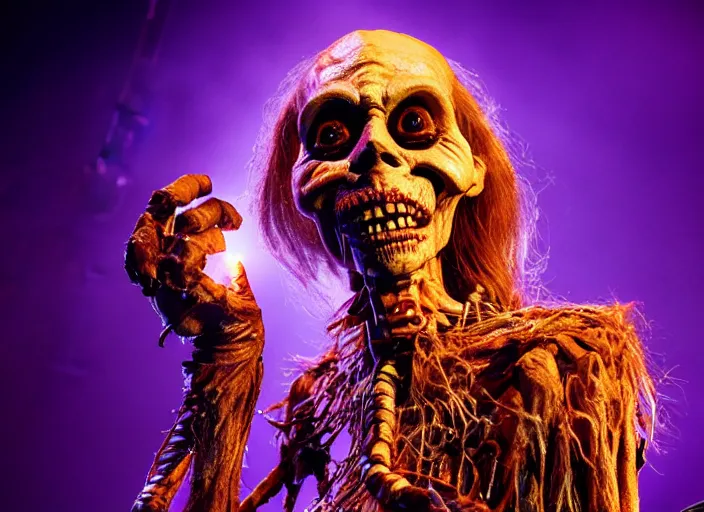 Prompt: publicity photo still of the cryptkeeper of tales from the crypt in muse live on stage, 8 k, live concert lighting, mid shot