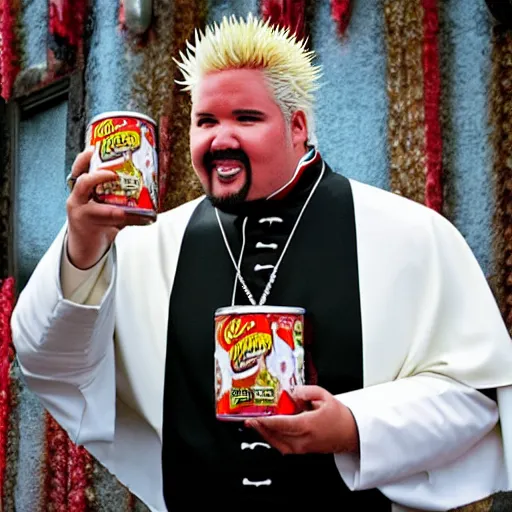 Image similar to guy fieri dressed as the pope eating spam from the can at a formal banquet at a table