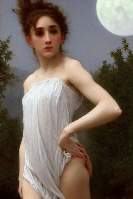 Prompt: portrait of a giant beautiful athletic pale girl, white dress, moonlight, hd, realistic, bouguereau