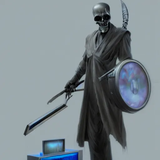 Image similar to a grim reaper with a crt monitor for a head. the monitor has a blue screen with white letters on it. by frank frazetta, simon bisley, brom, concept art, octane render, unreal engine 5, highly detailed, high quality, 8 k, soft lighting, realistic face, path traced