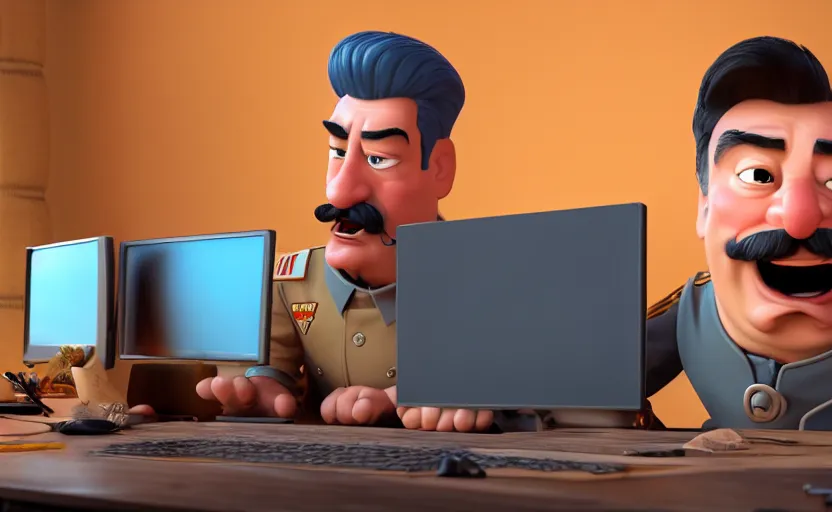 Image similar to very cute angry realistic josef stalin trading bitcoin in front of computer, disney pixar character concept artwork, 3 d concept, in a rock chair, high detail iconic character for upcoming film, 8 k octane render