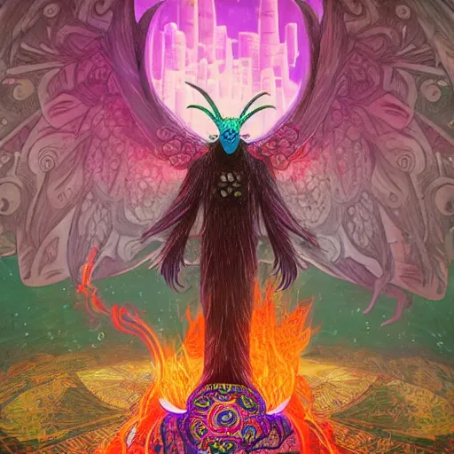 Prompt: 8K headshot Portrait of centered chest up of a psychedelic godlike mothman with giant mandala wings smoking a hand-rolled cigarette smoking heavily , magic mushroom village in background , post-processing , award winning. superb resolution. in the art style of Satoshi Kon and Greg Rutkowski . Detailed Mushroom city in background. Hyper realistic anime. Perfect art. Dalle2