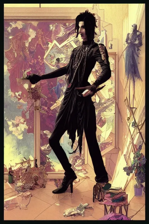 Prompt: a skinny goth guy standing in a cluttered 9 0 s bedroom, full body character concept art, vaporwave colors, intricate, elegant, highly detailed, digital painting, artstation, concept art, smooth, sharp focus, illustration, art by artgerm and greg rutkowski, and alphonse mucha