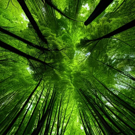 Image similar to Looking down at the forest floor, covered in fallen leaves, A green gold forest in Japan, dark, midnight, ghostly white trees