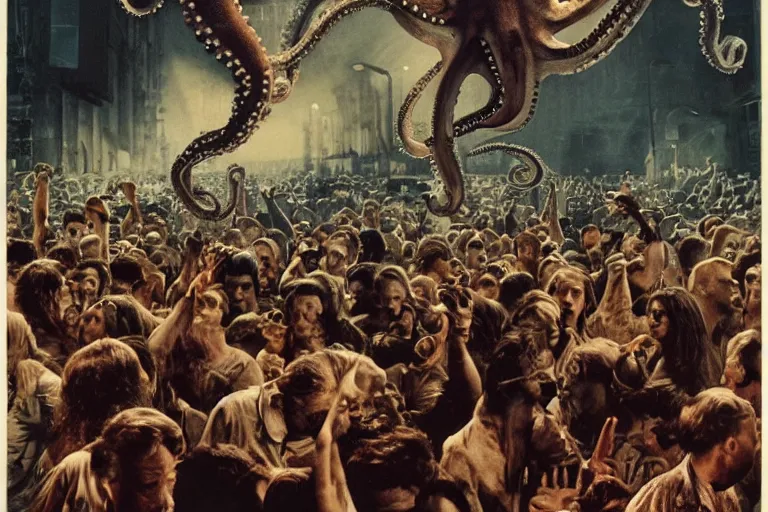 Prompt: there's an octopus in the moshpit, massurrealism, matte drawing, american realism, dystopian art, movie still, poster art