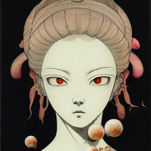 Image similar to prompt: Fragile looking vessel portrait face drawn by Katsuhiro Otomo, inspired by Carlo Dolci, magical and alchemical objects on the side, soft light, white background, intricate detail, intricate ink painting detail, sharp high detail, manga and anime 2000