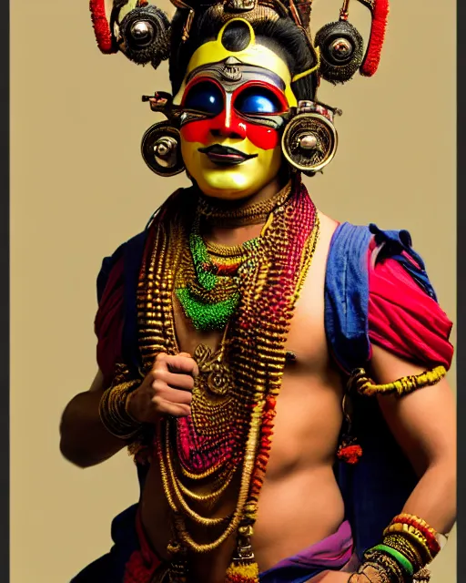 Prompt: photo of a Dramatic Kathakali male character with painted face wearing futuristic MadMax style steampunk goggles and accessories in the style of stefan kostic, full body, realistic, sharp focus, symmetric, 8k high definition, insanely detailed, intricate, elegant, art by stanley lau and artgerm, Hajime Sorayama, William-Adolphe Bouguereau