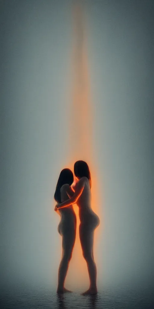 Image similar to a blurry closeup picture of gorgeous human bodies intertwined, female bodies, dripping wet, macro photography, long exposure photograph, surrealism, anamorphic bokeh, cozy, soft light, cyan and orange, caustic, atmospheric fog, octane render, cinematic