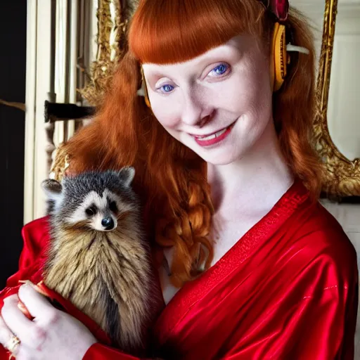 Prompt: a stunning hyper-detailed photo of one slender beautiful smiling woman with long ginger hair and bangs, wearing a luxurious silk robe, wearing headphones and posing with her large ginger tabby cat and her raccoon and parrots in a red overstuffed easy chair in her Victorian living room, holding a porcelain parrot-shaped coffee mug and a donut, perfect eyes, fashion photography, dramatic cinematic lighting, octane render, IBEX Masters, unreal engine, 85 mm lens, paisley wallpaper