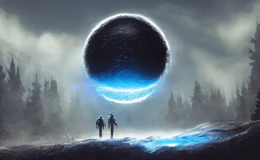 Image similar to digital sci-fi painting of a gigantic black sphere floating over the forest, concept art, beautiful lighting, blue sky with clouds, 4k trending on artstation