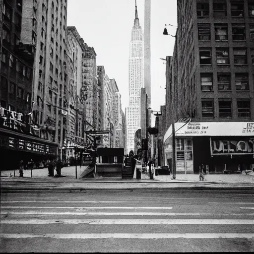 Prompt: analog medium format empty street photography in new york, 1 9 6 0 s, wide - angle, photographed on expired film, detailed photograph