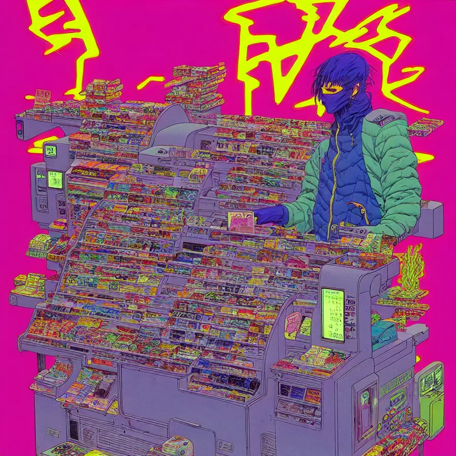 Image similar to ( ( ( ( cyberpunk convenience store cash register ) ) ) ) by mœbius!!!!!!!!!!!!!!!!!!!!!!!!!!!, overdetailed art, colorful, artistic record jacket design