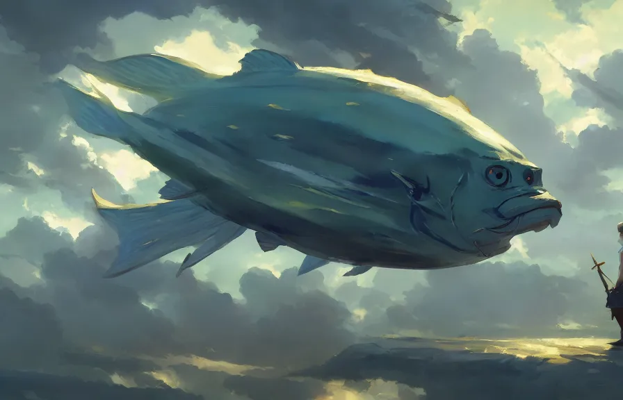 Image similar to greg manchess concept art of the sky fish dimension, key visual, ambient lighting, highly detailed, digital painting, artstation, concept art, sharp focus, by makoto shinkai and akihiko yoshida and hidari and wlop and greg rutkowski