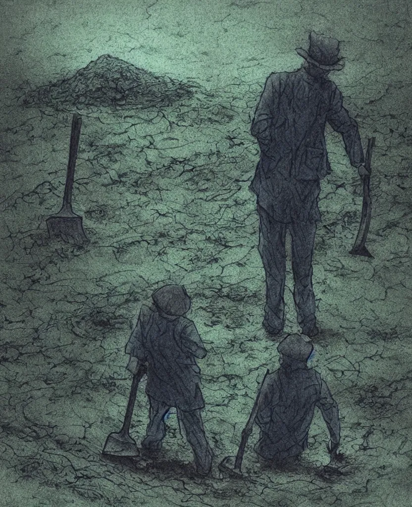 Image similar to a man with a shovel standing digging up a grave with a dead body in it, subtle blue, orange, and dark green tones, high quality, high detail, dark colors, sinister atmosphere, dramatic lighting, cinematic, establishing shot, extremely high detail, photo realistic, cinematic lighting, pen and ink, intricate line drawings, by Yoshitaka Amano, Ruan Jia, Kentaro Miura, Artgerm, post processed, concept art, artstation, matte painting, style by eddie mendoza, raphael lacoste, alex ross