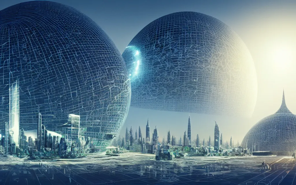 Prompt: a techno - spiritual utopian domed city, future perfect, award winning digital art