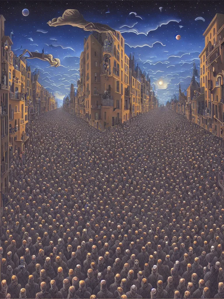 Image similar to A crowded street extending into the night sky, matte painting by Rob Gonsalves, in the style of Salvador Dalí, surrealism, magic realism, optical illusion art