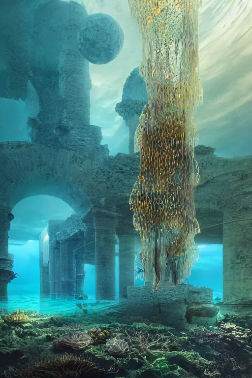 Image similar to hyperrealistic precisionist cinematic underwater dystopian byzantine city ruins with giant bioluminescent multicolor mutant plants and cyborg jellyfish, digital art masterpiece, aykut aydogdu eric zener, very dramatic volumetric light, long shot, ground angle uhd 8 k, deep focus