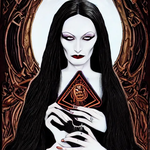 Prompt: Morticia Addams tarot card, gothic art, subdued color, detailed, eerie, emotional, gothic, sad, agitated, highly detailed, incredibly sharp focus, Artstation, deviantart, artgem, insane detail, intense black line art, precision detail, golden ratio, in the style of Heavy Metal Comics