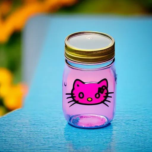 Prompt: hello kitty doll in a mason jar, 4 k, hyper realistic, dslr, high resolution, landscape, beautiful