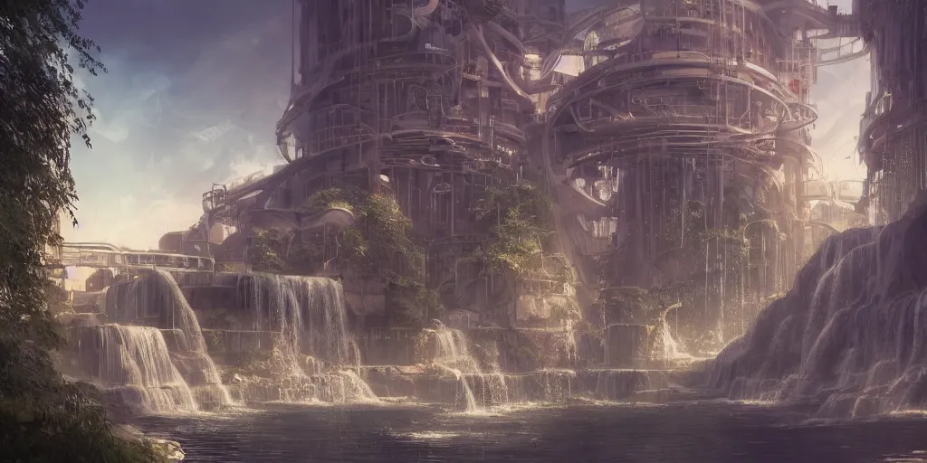 Image similar to beautiful pool waterfalls surrounded by alien robots, steel archways, industrial buildings, rusty metal towers, sun setting, ross tran, fantasy, james jean, peter morbacher, angelarium, alchemy, luxury, heavenly light, soft illumination, trending on artstation, cinematic lighting, digital painting, octane render, artgerm