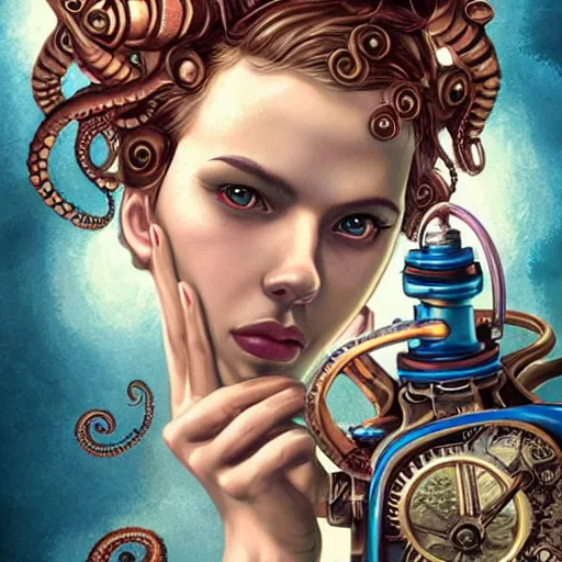 Prompt: lofi underwater bioshock steampunk portrait of scarlett johansson, octopus, Pixar style, by Tristan Eaton Stanley Artgerm and Tom Bagshaw.