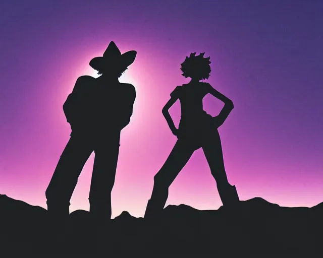 Image similar to cowboy bebop silhouette in the desert, synthwave