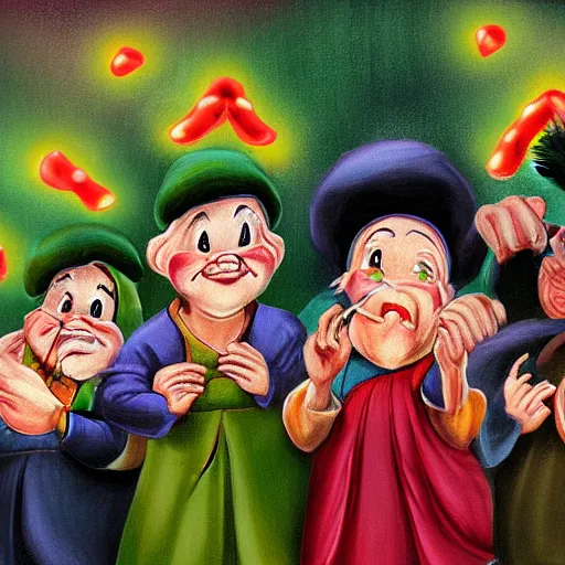 Prompt: seven dwarves in catholic religious garb with halos, background of poison apples, digital painting, glow realism