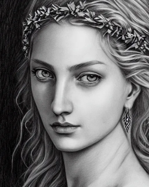 Image similar to pencil drawing of a beautiful greek goddess aphrodite wearing a laurel wreath and arrowhead earrings, beautiful confident and piercing eyes, beautiful blonde hair, hyper realistic face, in the style of greg rutkowski, fantasy, amazing detail, epic, elegant, smooth, sharp focus, from the front