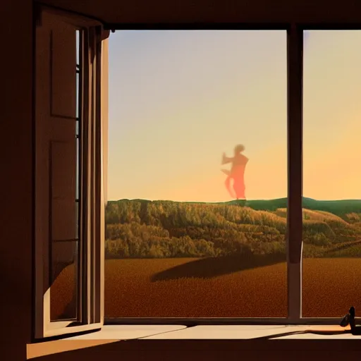 Image similar to man gazing out of window at dusk, hyperreal