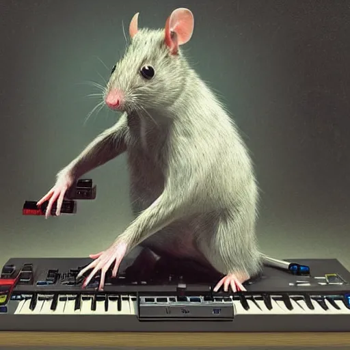 Image similar to a rat cyborg playing with a tb-303 synthesizer, by ruan jia