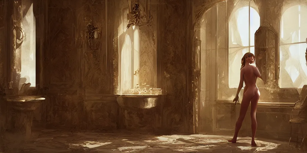 Image similar to in the bathroom of an incredible palace with the beautiful Natalia Vodianova, Craig Mullins, matte painting, artstation