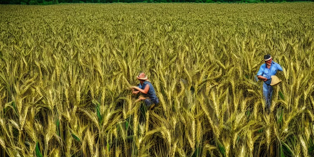 Image similar to a beautiful view of a farmer working in wheat field and there is a beautiful jungle behind the field, professional photography