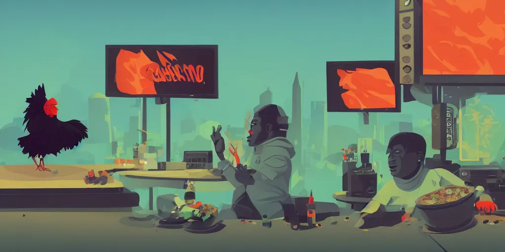 Image similar to black! chicken! smoking cannabis!!!, in front of multi monitors broadcasting studio, artwork by James Gilleard