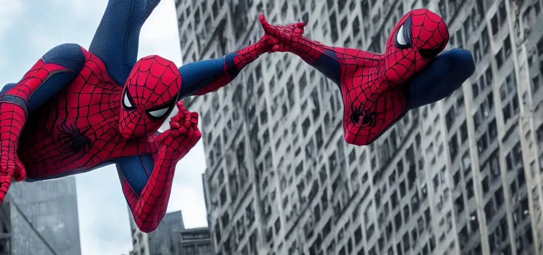 Image similar to Tom Hanks as Spider-Man, film still, wide-shot, full shot, cinematic lens, heroic portrait