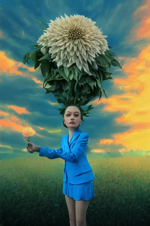 Image similar to closeup giant dahlia flower head, girl in a suit on a street, surreal photography, blue sky, sunrise, dramatic light, impressionist painting, digital painting, artstation, simon stalenhag