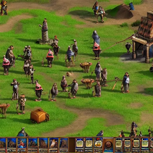 Image similar to a group of giant minions standing near a Town Center in the game Age of Empires