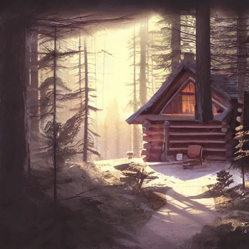 Prompt: concept art of a cabin in the woods, isometric view, detailed, volumetric lighting, style of greg rutkowski