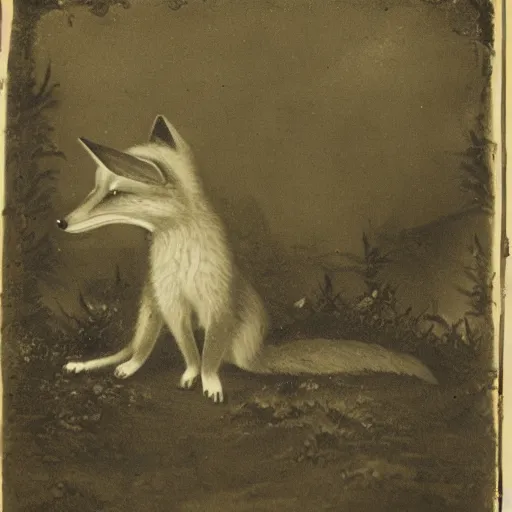 Prompt: anthropomorphic fox doing fieldwork, early photography