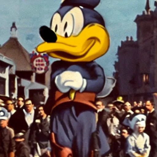 Image similar to historic colorized photograph of donald duck at a nazi parade in 1 9 3 6