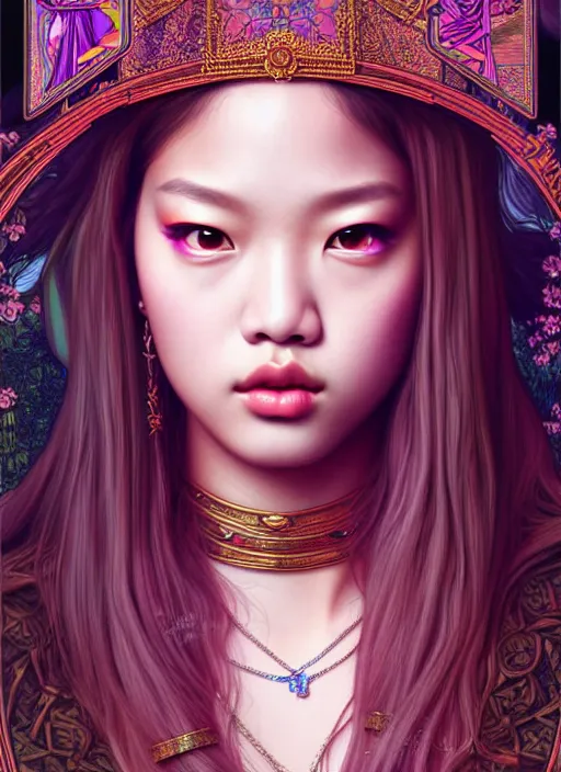 Image similar to jennie of blackpink, queen, tarot card, highly detailed, digital painting, smooth, sharp focus, illustration, ultra realistic, unreal engine, 8 k, art by artgerm and alphonse mucha